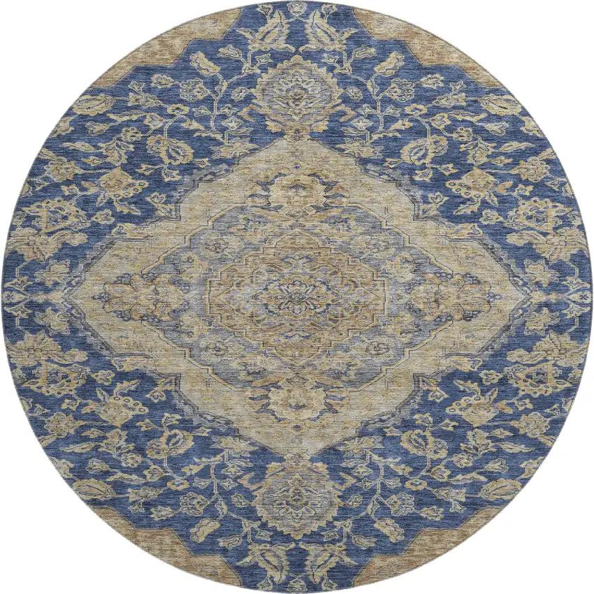8' Navy Blue Beige And Gray Floral Medallion Washable Round Rug With UV Protection Photo 1