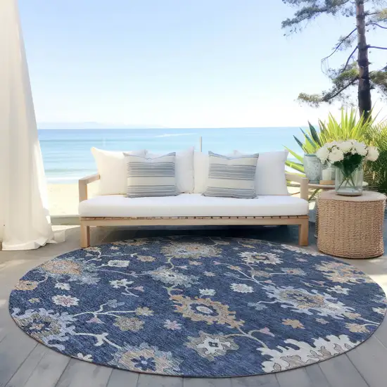 8' Navy Blue Beige And Gray Round Floral Washable Indoor Outdoor Area Rug Photo 7