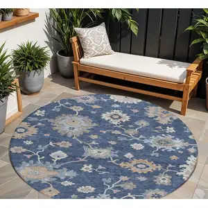 Photo of 8' Navy Blue Beige And Gray Round Floral Washable Indoor Outdoor Area Rug