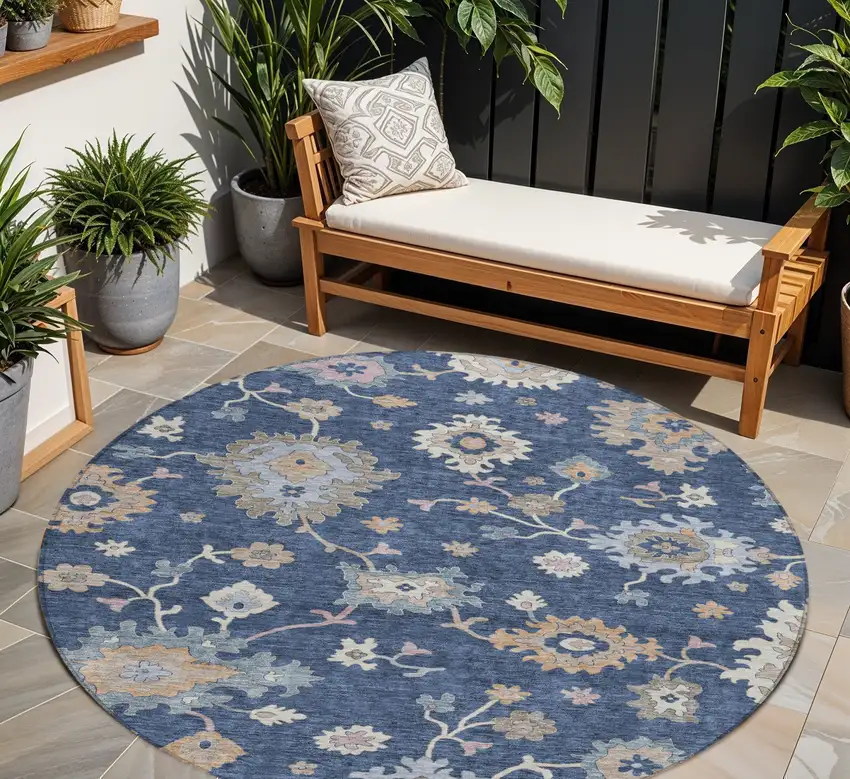 8' Navy Blue Beige And Gray Round Floral Washable Indoor Outdoor Area Rug Photo 1