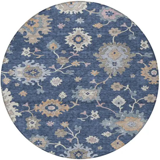 8' Navy Blue Beige And Gray Round Floral Washable Indoor Outdoor Area Rug Photo 6