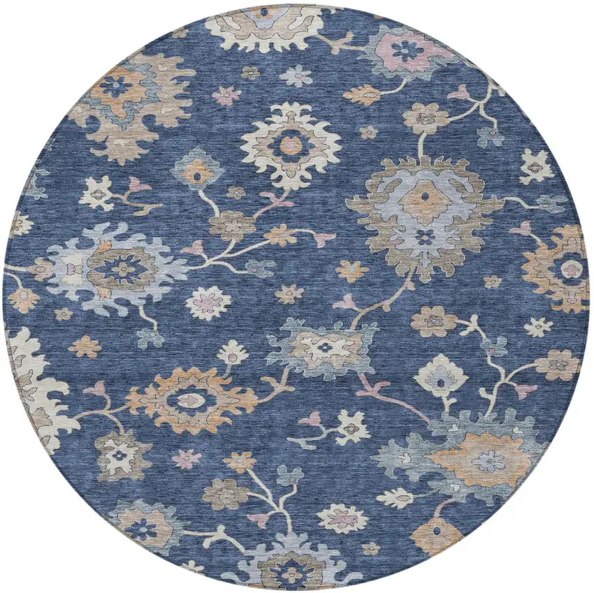8' Navy Blue Beige And Gray Round Floral Washable Indoor Outdoor Area Rug Photo 6