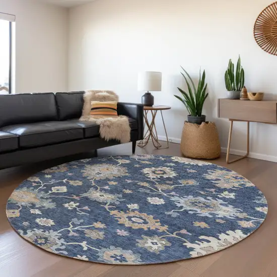 8' Navy Blue Beige And Gray Round Floral Washable Indoor Outdoor Area Rug Photo 8