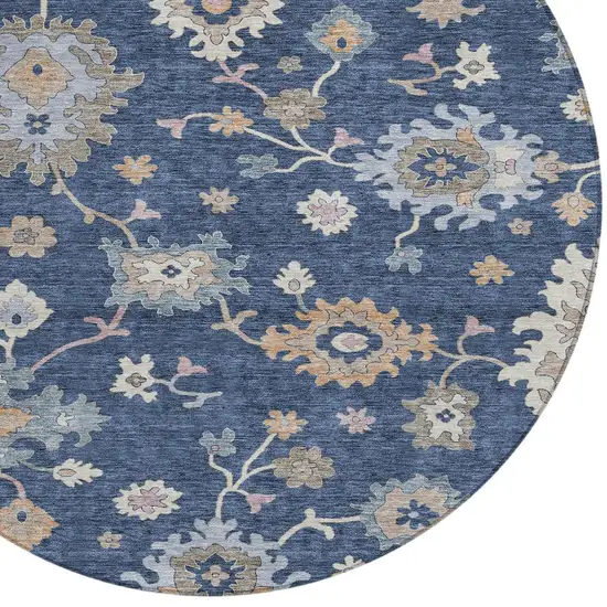 8' Navy Blue Beige And Gray Round Floral Washable Indoor Outdoor Area Rug Photo 5