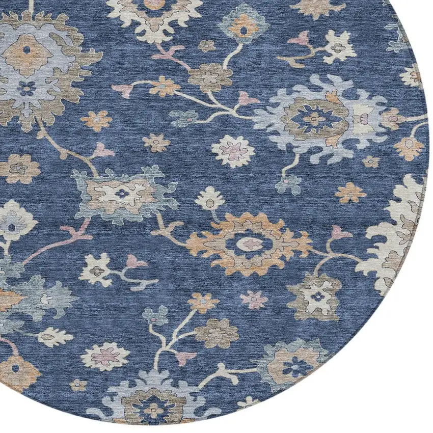 8' Navy Blue Beige And Gray Round Floral Washable Indoor Outdoor Area Rug Photo 5