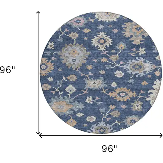 8' Navy Blue Beige And Gray Round Floral Washable Indoor Outdoor Area Rug Photo 3
