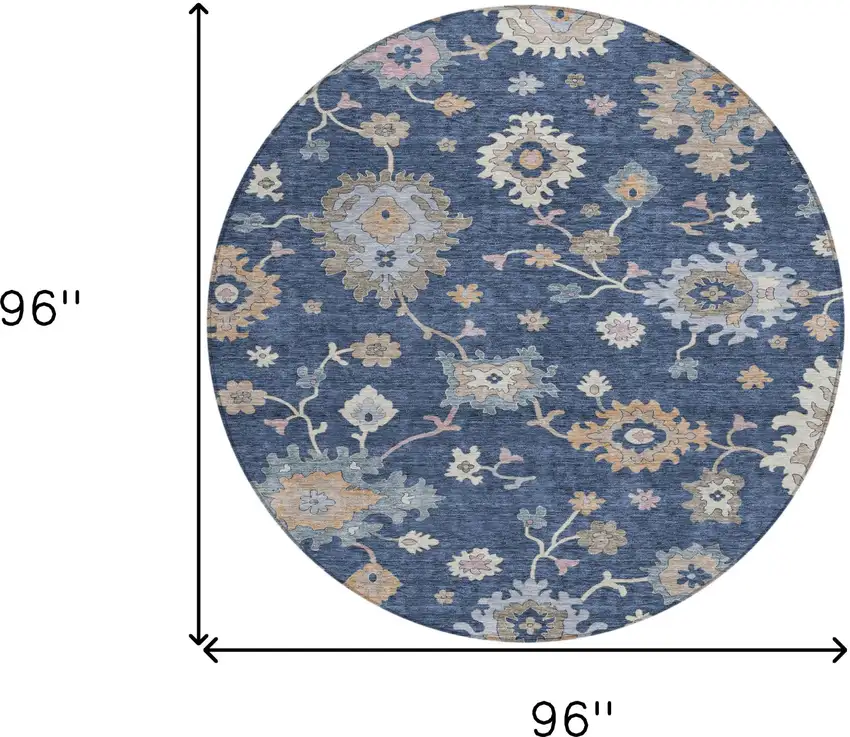 8' Navy Blue Beige And Gray Round Floral Washable Indoor Outdoor Area Rug Photo 3