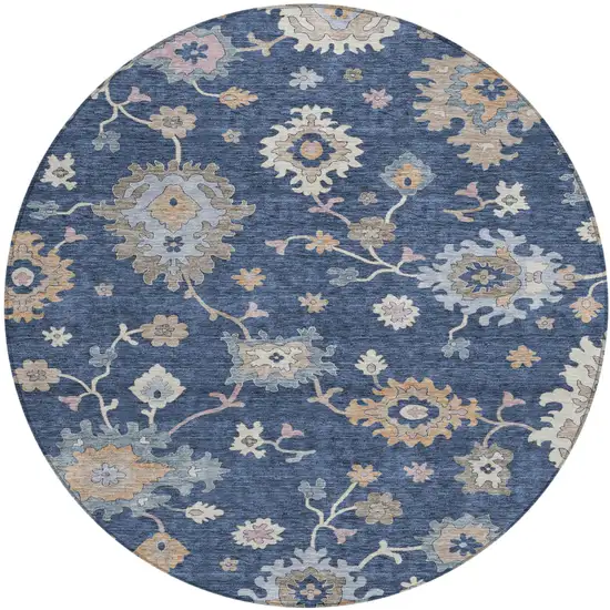 8' Navy Blue Beige And Gray Round Floral Washable Indoor Outdoor Area Rug Photo 2