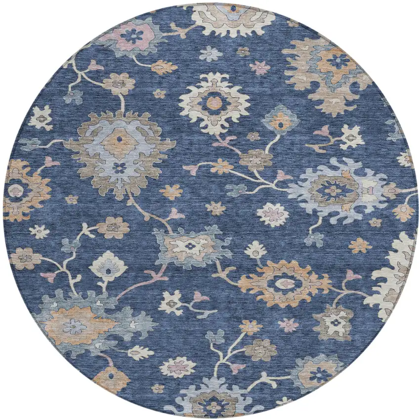 8' Navy Blue Beige And Gray Round Floral Washable Indoor Outdoor Area Rug Photo 2