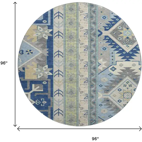 8' Navy Blue Beige And Gray Southwestern Washable Round Rug With UV Protection Photo 9