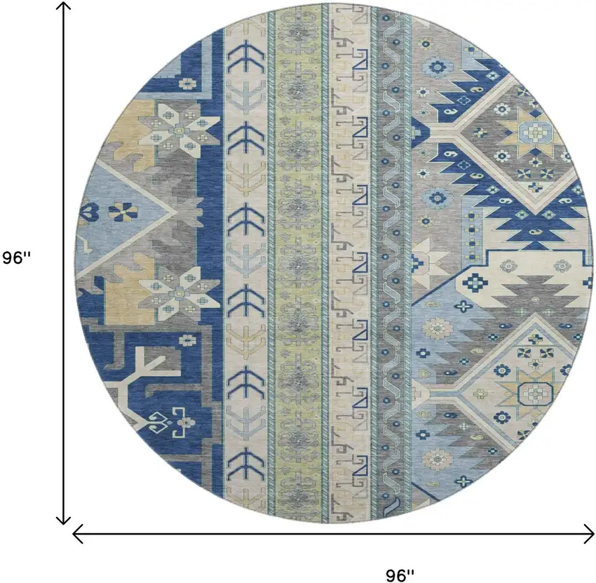 8' Navy Blue Beige And Gray Southwestern Washable Round Rug With UV Protection Photo 9