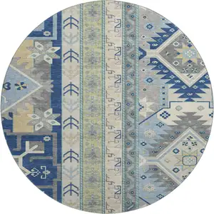 Photo of 8' Navy Blue Beige And Gray Southwestern Washable Round Rug With UV Protection