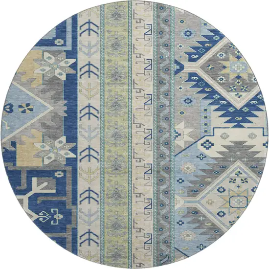 8' Navy Blue Beige And Gray Southwestern Washable Round Rug With UV Protection Photo 1