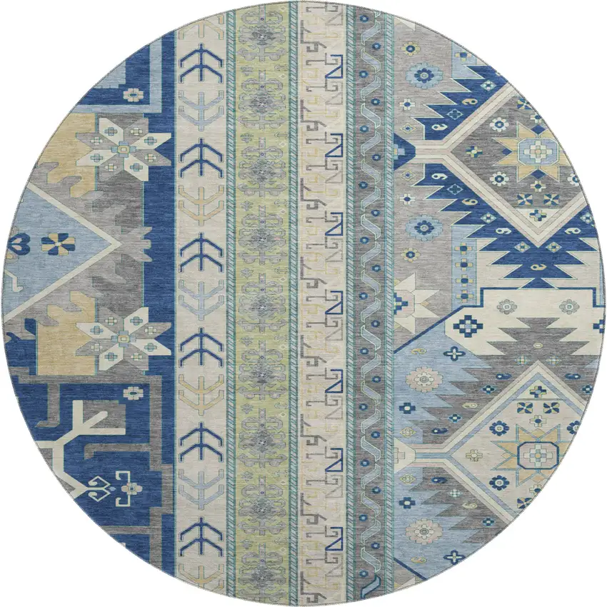 8' Navy Blue Beige And Gray Southwestern Washable Round Rug With UV Protection Photo 1
