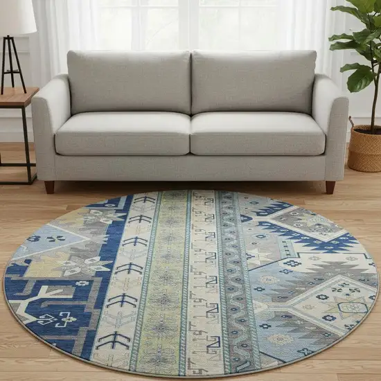 8' Navy Blue Beige And Gray Southwestern Washable Round Rug With UV Protection Photo 2