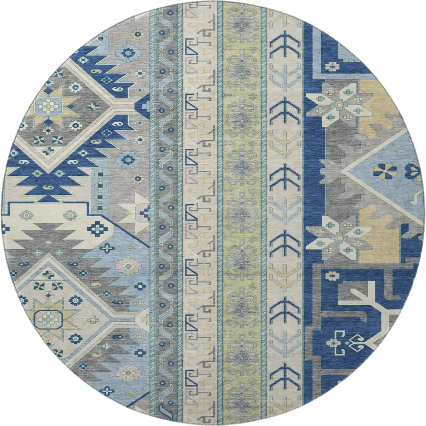8' Navy Blue Beige And Gray Southwestern Washable Round Rug With UV Protection Photo 3