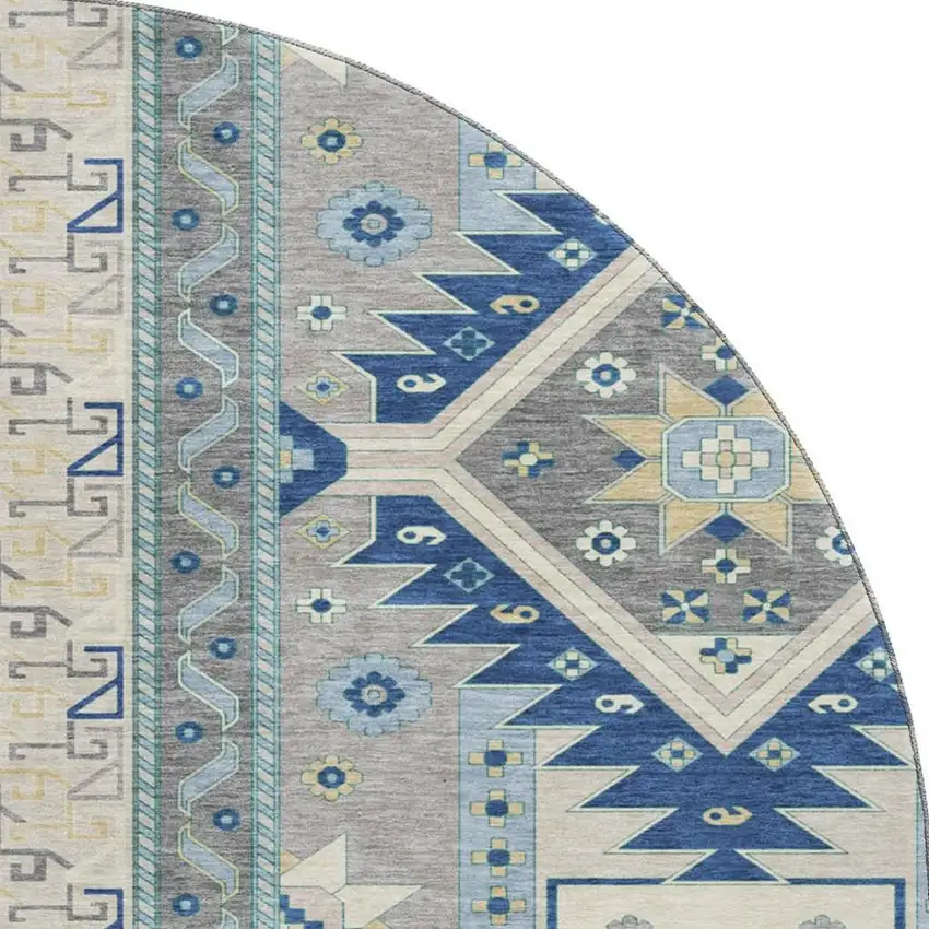8' Navy Blue Beige And Gray Southwestern Washable Round Rug With UV Protection Photo 2