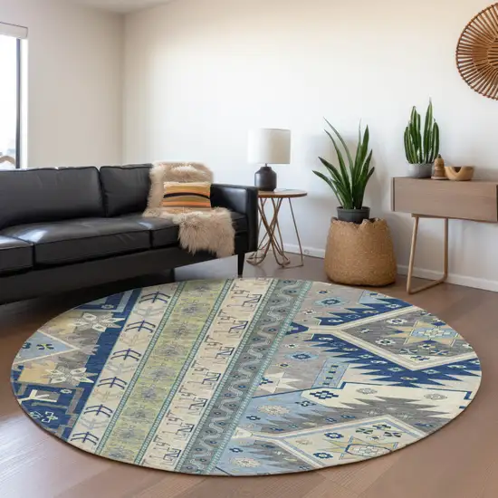 8' Navy Blue Beige And Gray Southwestern Washable Round Rug With UV Protection Photo 4