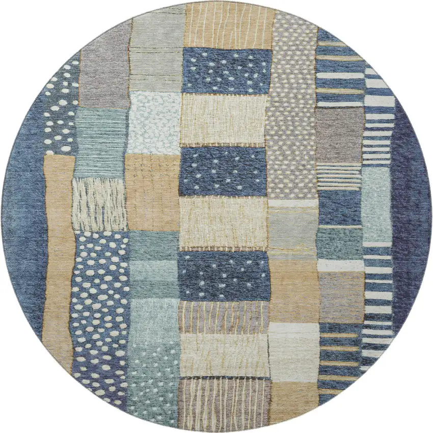 8' Navy Blue Beige And Ivory Geometric Washable Round Rug With UV Protection Photo 4