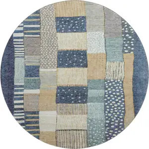 Photo of 8' Navy Blue Beige And Ivory Geometric Washable Round Rug With UV Protection