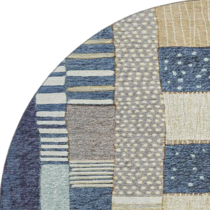 8' Navy Blue Beige And Ivory Geometric Washable Round Rug With UV Protection Photo 3