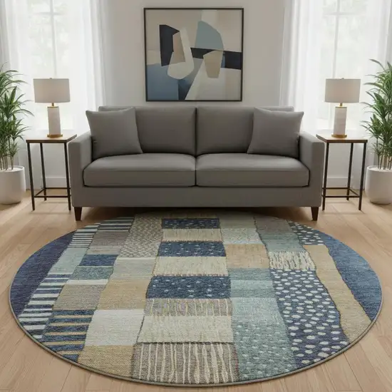 8' Navy Blue Beige And Ivory Geometric Washable Round Rug With UV Protection Photo 2