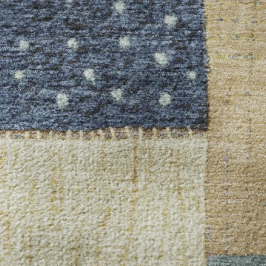 8' Navy Blue Beige And Ivory Geometric Washable Round Rug With UV Protection Photo 9