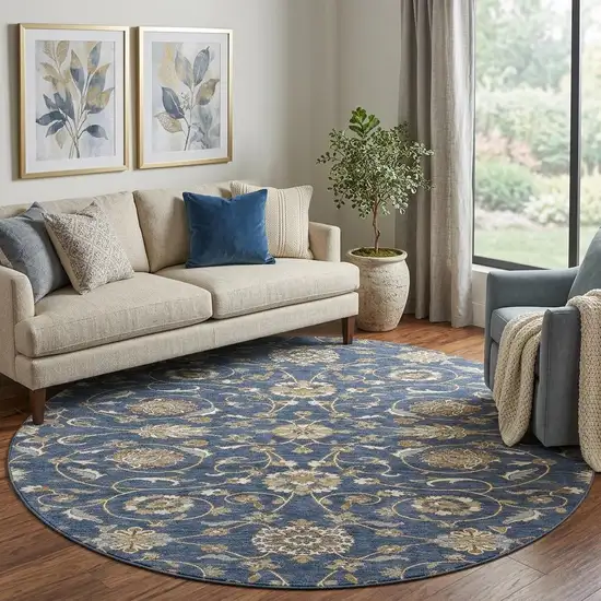 8' Navy Blue Beige And Ivory Moroccan Washable Round Rug With UV Protection Photo 1