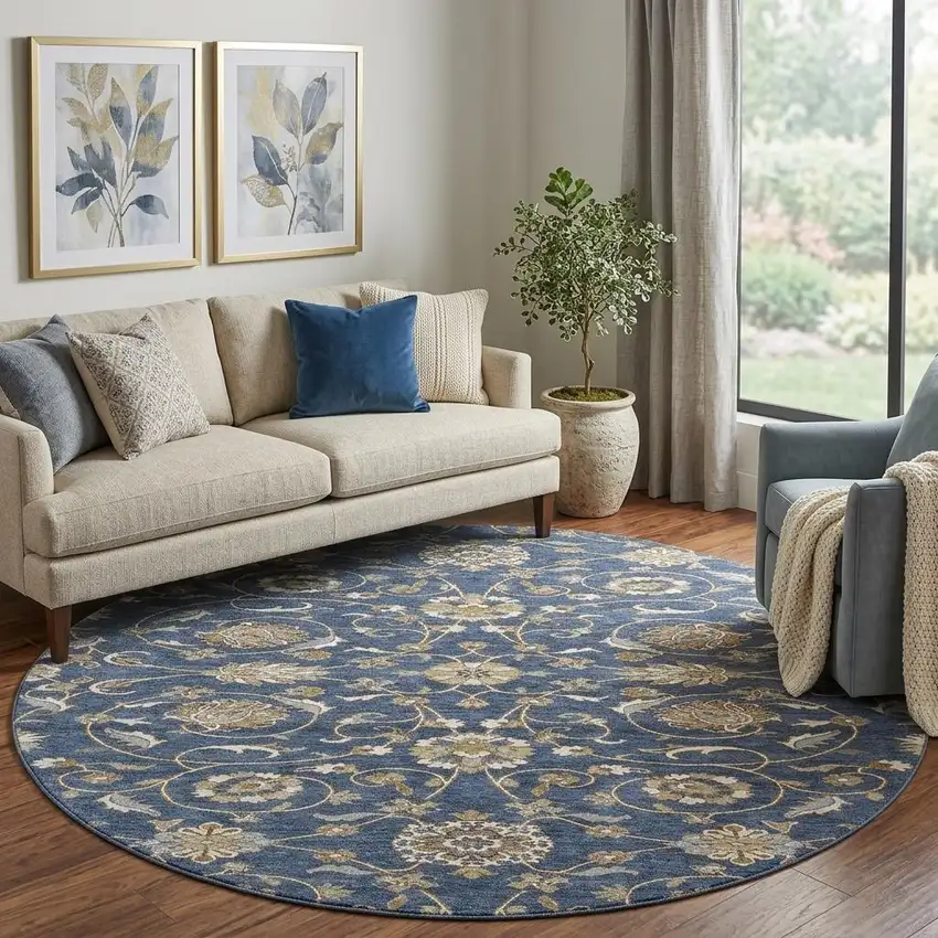 8' Navy Blue Beige And Ivory Moroccan Washable Round Rug With UV Protection Photo 1