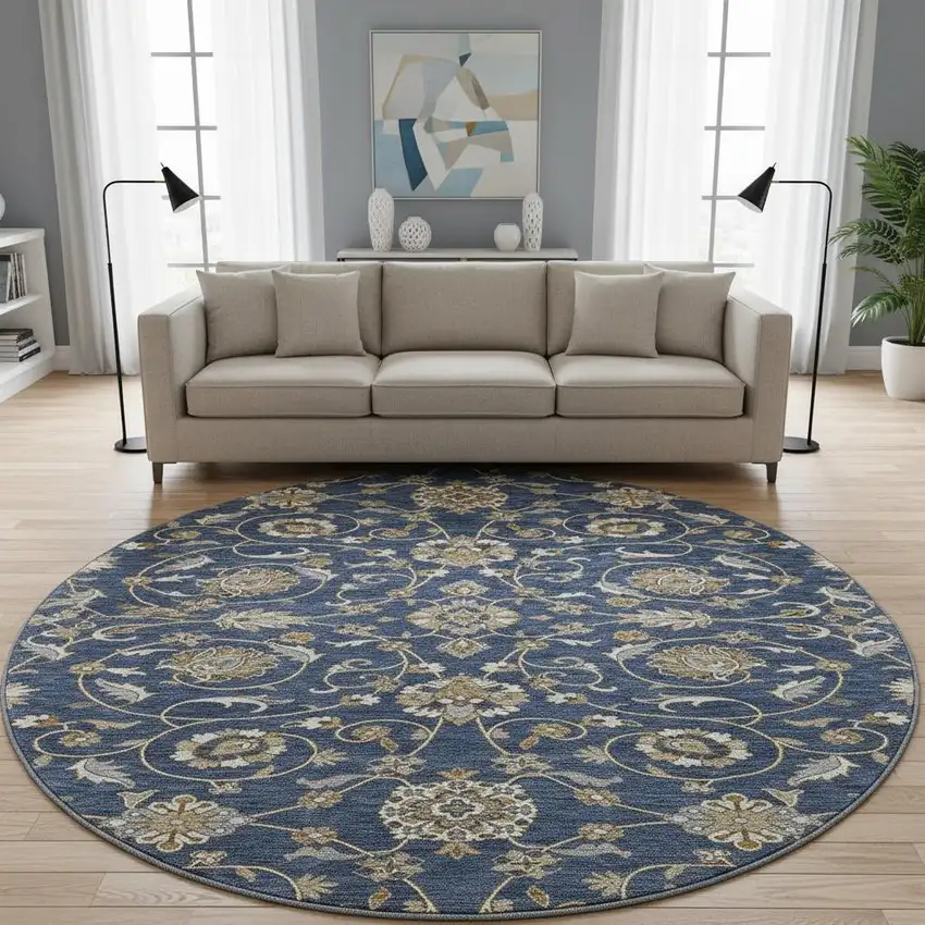 8' Navy Blue Beige And Ivory Moroccan Washable Round Rug With UV Protection Photo 2