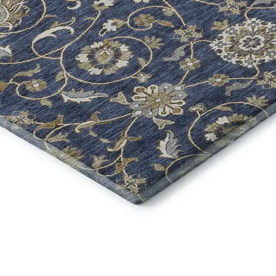 8' Navy Blue Beige And Ivory Moroccan Washable Round Rug With UV Protection Photo 6