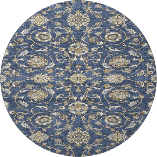 8' Navy Blue Beige And Ivory Moroccan Washable Round Rug With UV Protection Photo 3