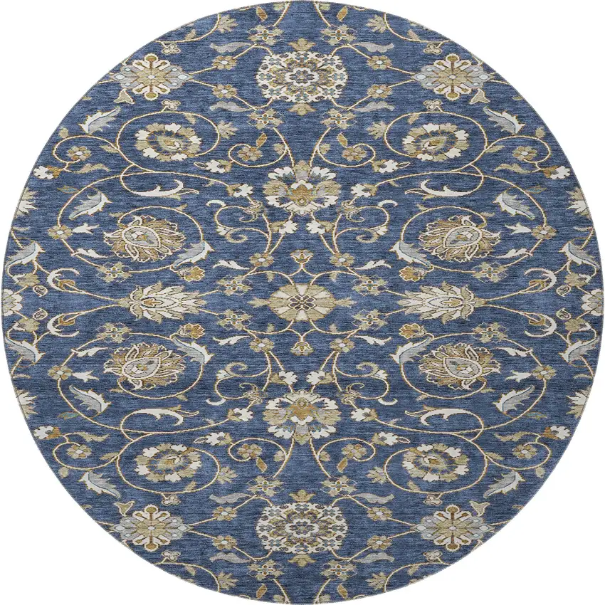 8' Navy Blue Beige And Ivory Moroccan Washable Round Rug With UV Protection Photo 3