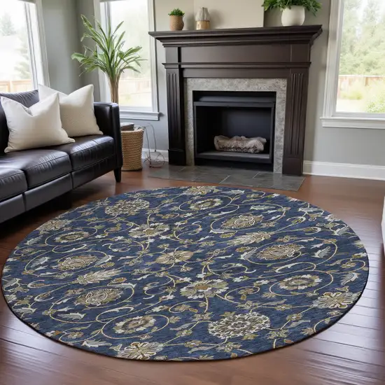 8' Navy Blue Beige And Ivory Moroccan Washable Round Rug With UV Protection Photo 4