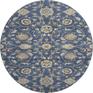 Photo of 8' Navy Blue Beige And Ivory Moroccan Washable Round Rug With UV Protection