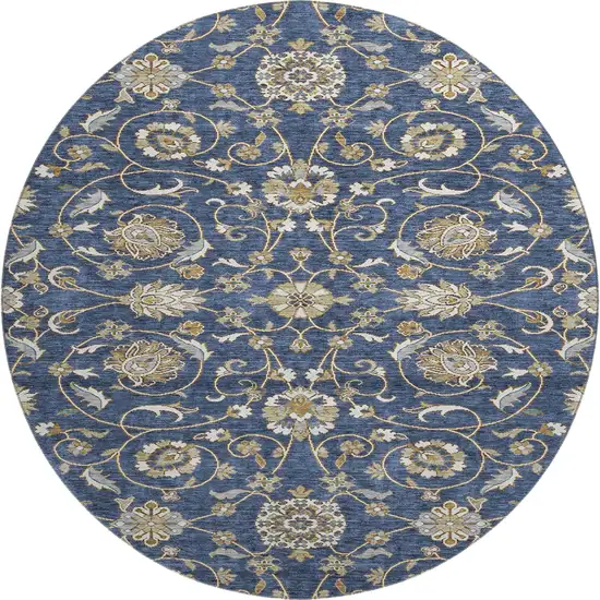 8' Navy Blue Beige And Ivory Moroccan Washable Round Rug With UV Protection Photo 1