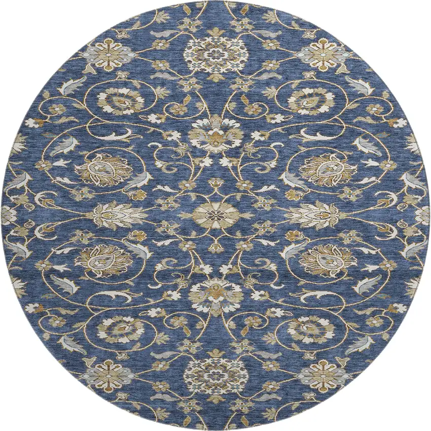 8' Navy Blue Beige And Ivory Moroccan Washable Round Rug With UV Protection Photo 1