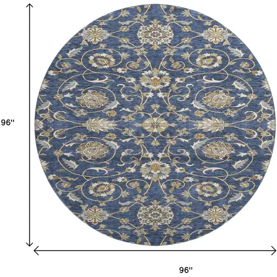 8' Navy Blue Beige And Ivory Moroccan Washable Round Rug With UV Protection Photo 9
