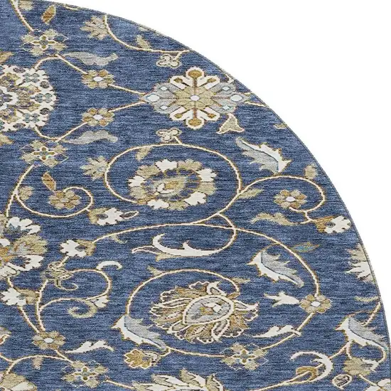 8' Navy Blue Beige And Ivory Moroccan Washable Round Rug With UV Protection Photo 2