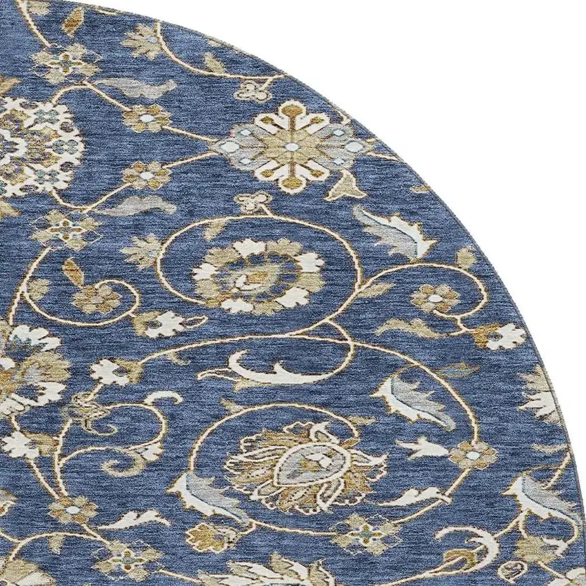 8' Navy Blue Beige And Ivory Moroccan Washable Round Rug With UV Protection Photo 2