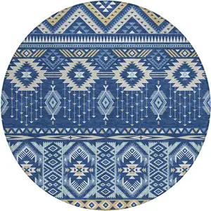Photo of 8' Navy Blue Beige And Ivory Round Aztec Washable Indoor Outdoor Area Rug