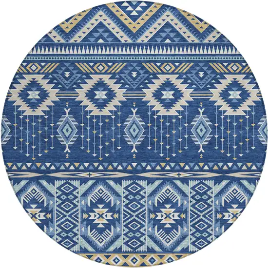 8' Navy Blue Beige And Ivory Round Aztec Washable Indoor Outdoor Area Rug Photo 1