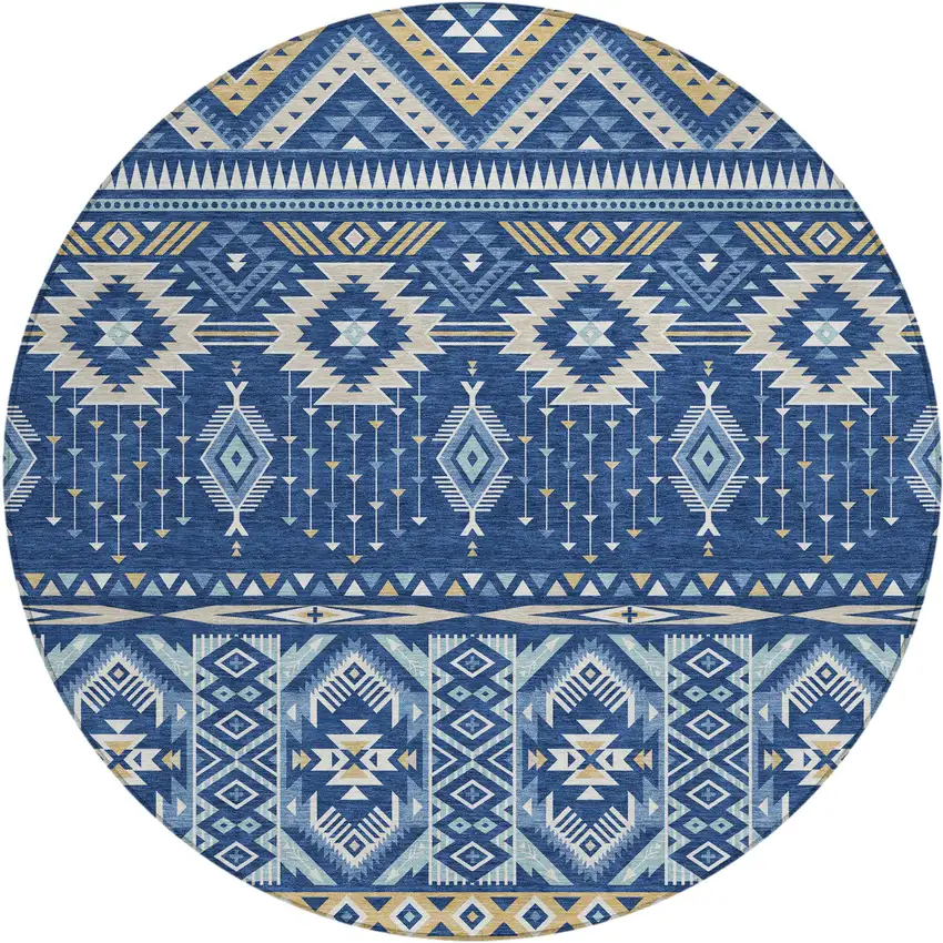8' Navy Blue Beige And Ivory Round Aztec Washable Indoor Outdoor Area Rug Photo 1