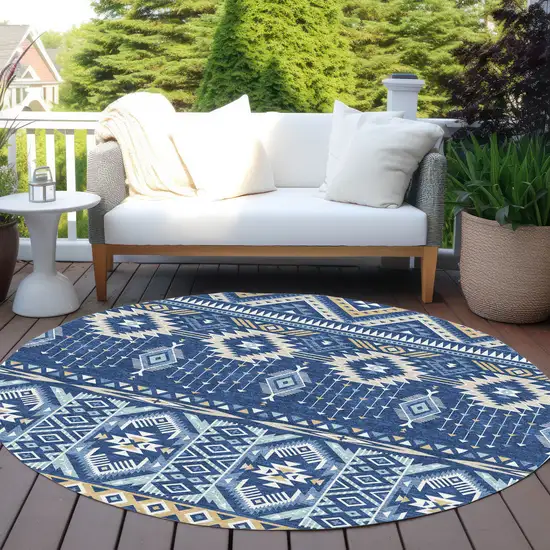 8' Navy Blue Beige And Ivory Round Aztec Washable Indoor Outdoor Area Rug Photo 5