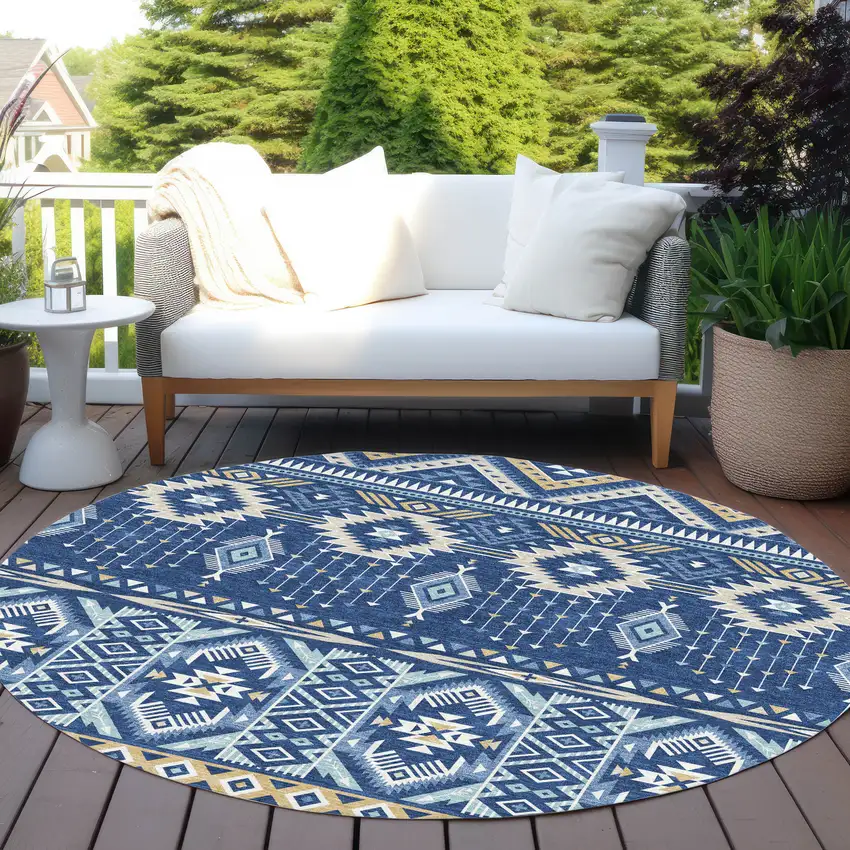 8' Navy Blue Beige And Ivory Round Aztec Washable Indoor Outdoor Area Rug Photo 5