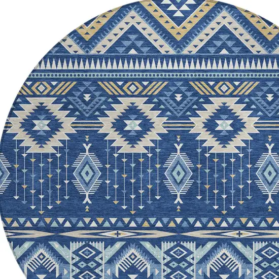 8' Navy Blue Beige And Ivory Round Aztec Washable Indoor Outdoor Area Rug Photo 8