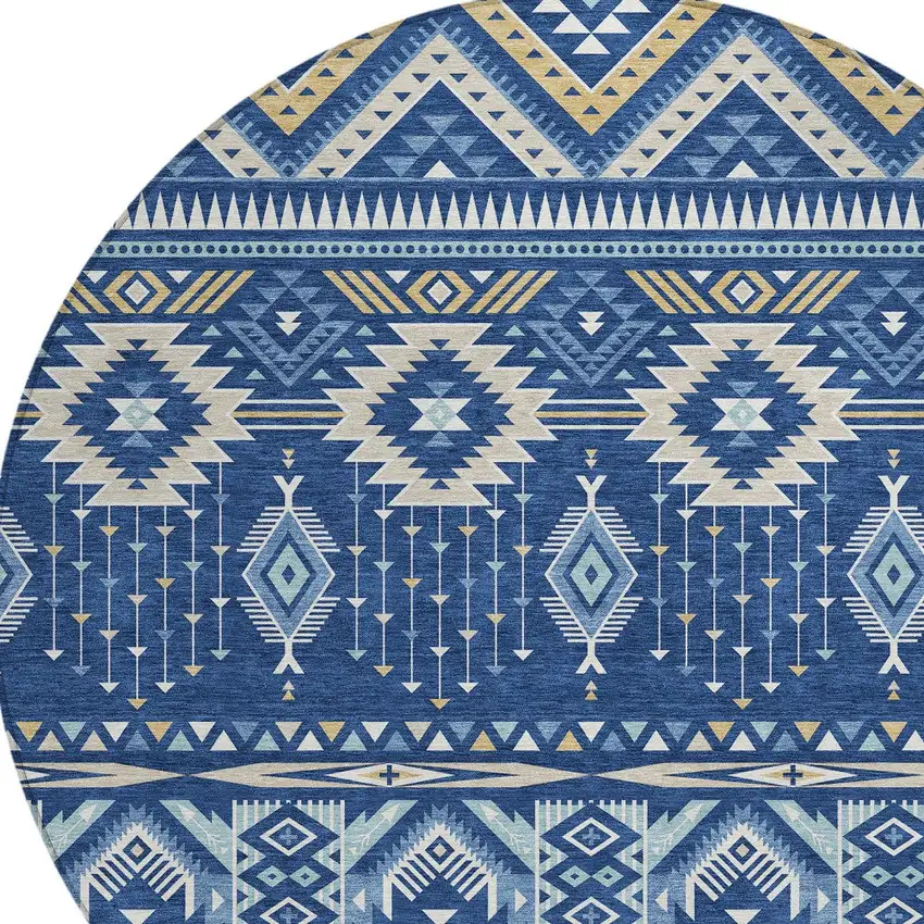 8' Navy Blue Beige And Ivory Round Aztec Washable Indoor Outdoor Area Rug Photo 8