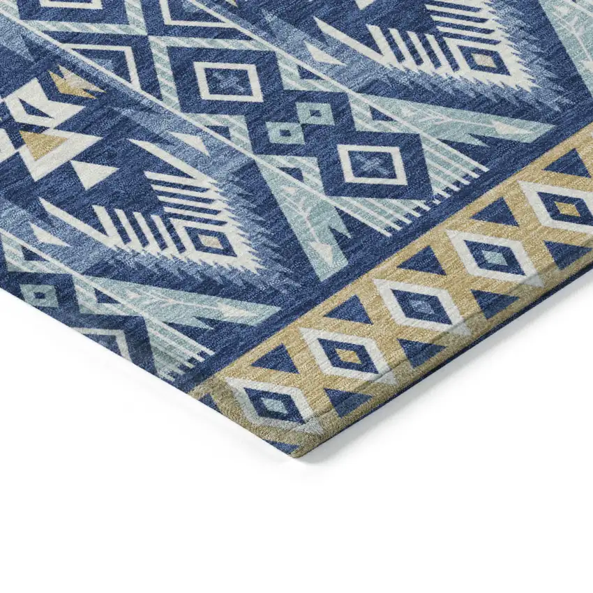 8' Navy Blue Beige And Ivory Round Aztec Washable Indoor Outdoor Area Rug Photo 7