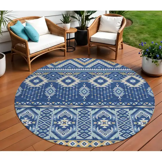 8' Navy Blue Beige And Ivory Round Aztec Washable Indoor Outdoor Area Rug Photo 2