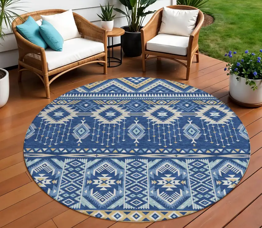 8' Navy Blue Beige And Ivory Round Aztec Washable Indoor Outdoor Area Rug Photo 2